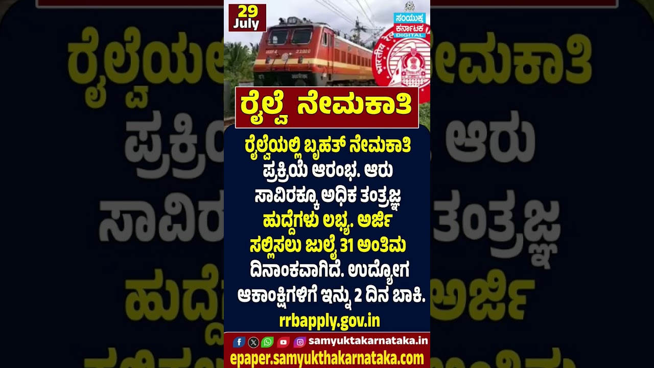 RRB Technician Recruitment 2026 | Last Chance to Apply for 6,557 Railway Jobs | Samyukta Karnataka