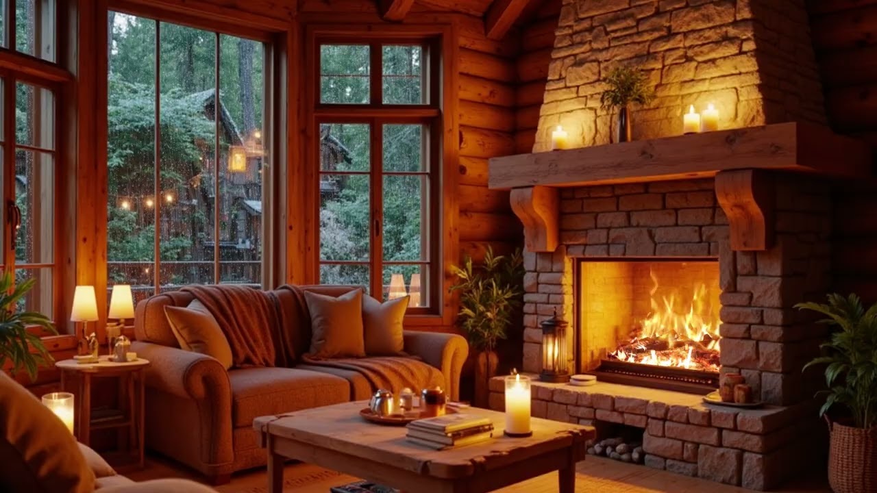 Rainy Evening in a Luxury Forest Cabin | Fireplace and Relaxing Rain Sounds