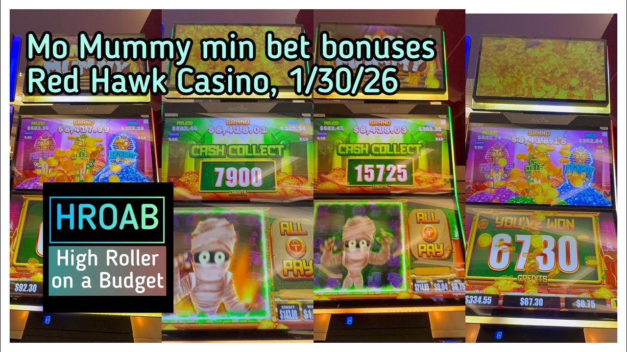 Great slot bonuses with min bet on Mo Mummy, Red Hawk Casino 1/30/26