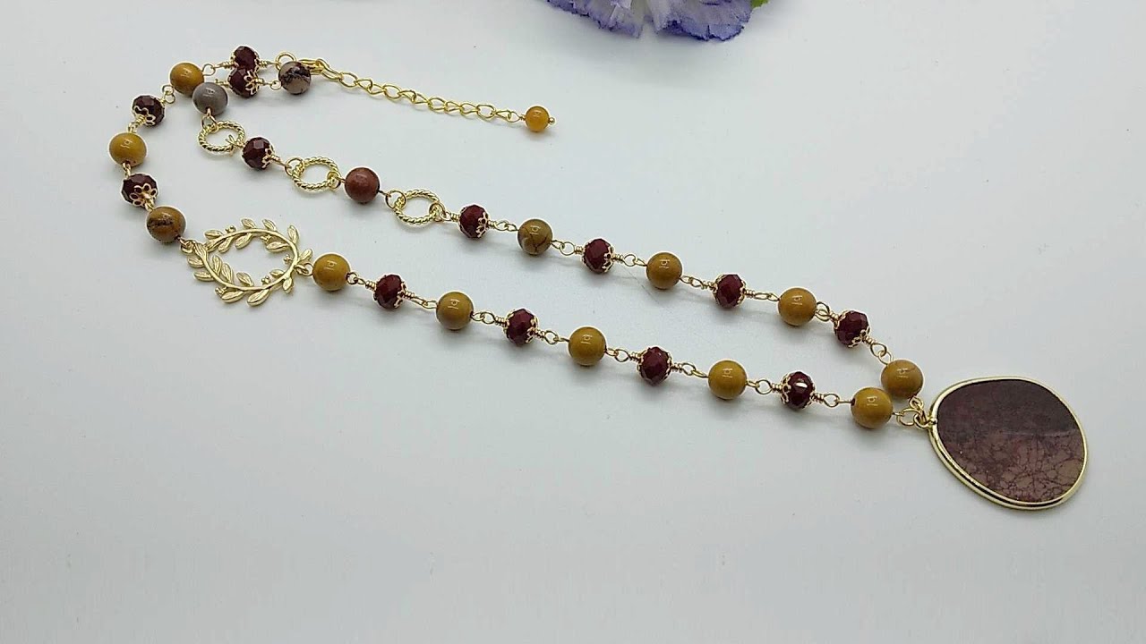 Wire Wrapped Mookaite Pendant Necklace - Bargain Bead Box - Cozy Chrysanthemums Collection
