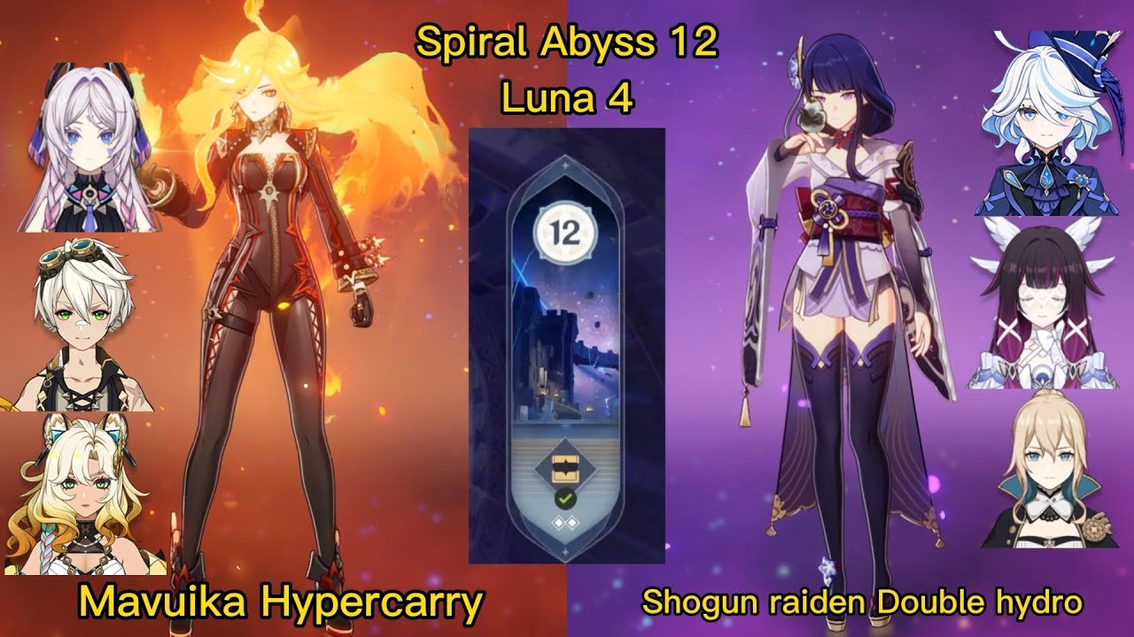 Genshin impact Abyss Luna 4| C0 Mavuika Hypercarry & C0 Shogun raiden Double hydro| Floor 12 9 stars