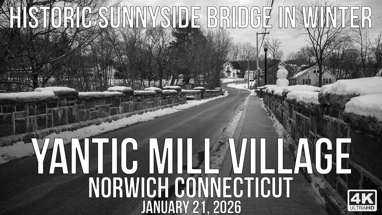 Historic Sunnyside Bridge in Winter | Black & White | Snow & Ice on Yantic River | Norwich, CT | 4K