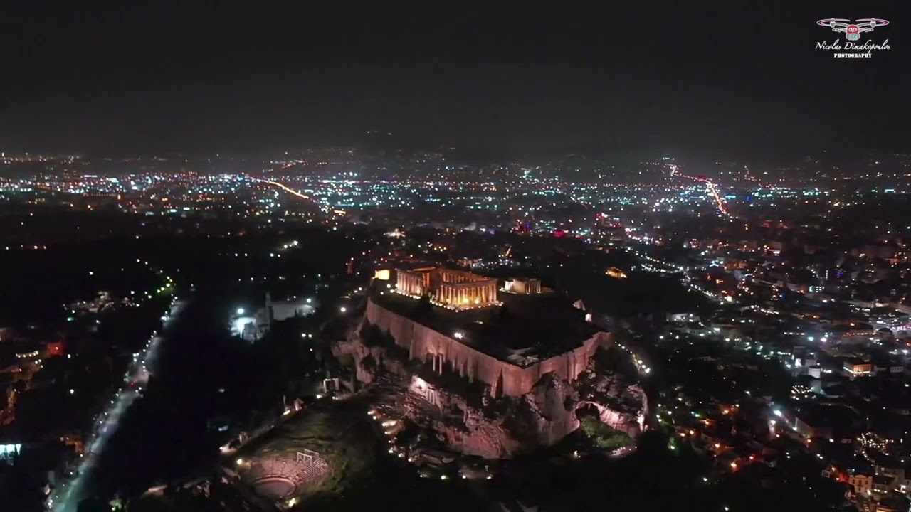 The Acropolis of Athens, night aerial view!