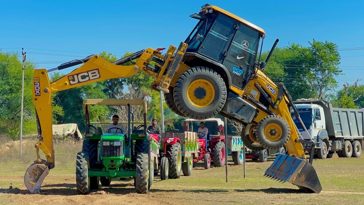 JCB 3Dx Machine Loading Mud in 3 Mahindra 575  Tractor | Swaraj 855 Tractor | Jonh Deer 4×4 Tractor 
