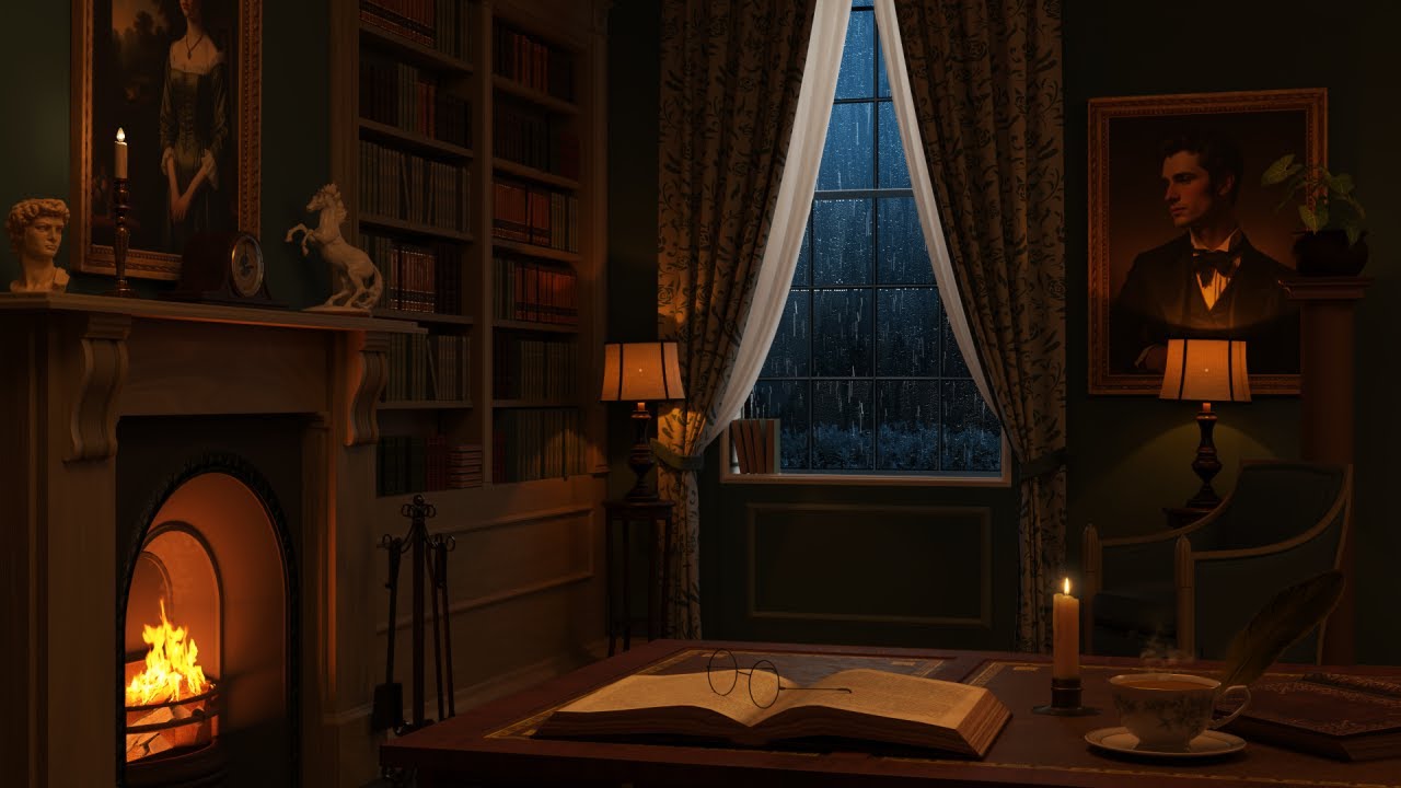 Bridgerton Themed Study Room Ambience with Fireplace, Rain and Thunder