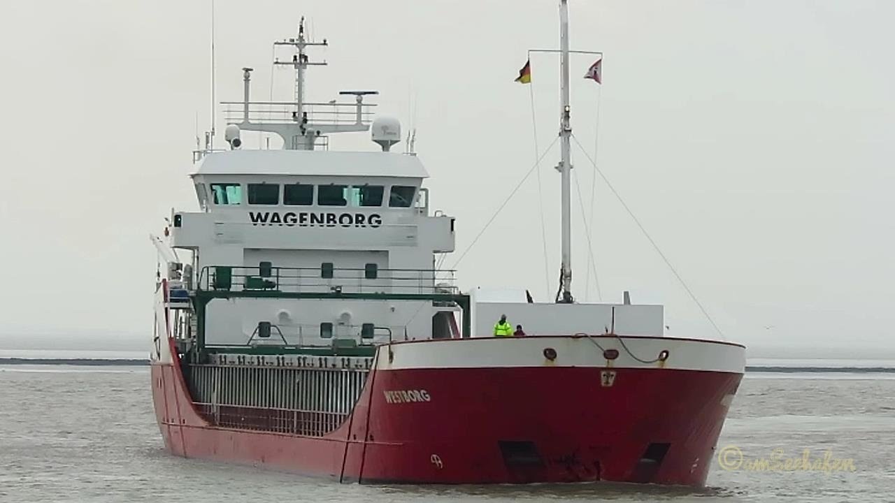 coaster WESTBORG PDBQ IMO 9196187 inbound Emden partly timelapse cargo seaship merchant vessel