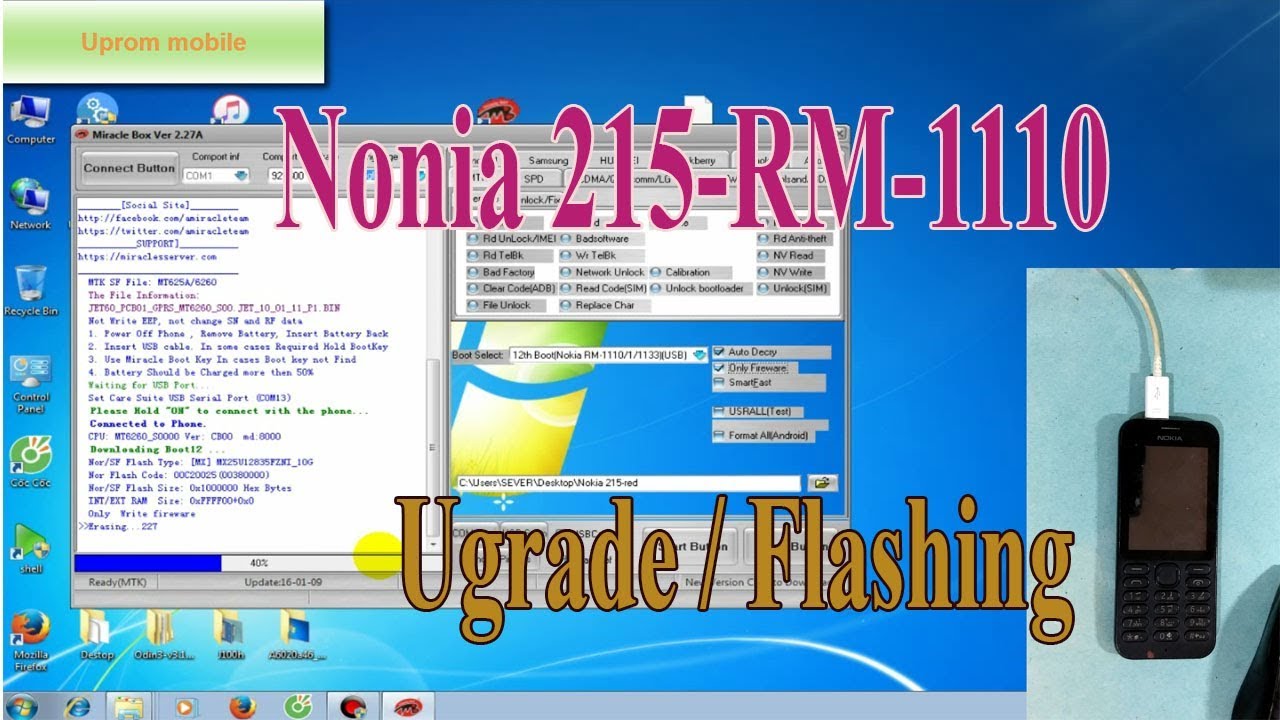Flashing repair firmware Nokia 215 Rm 1110 by Miracle box.