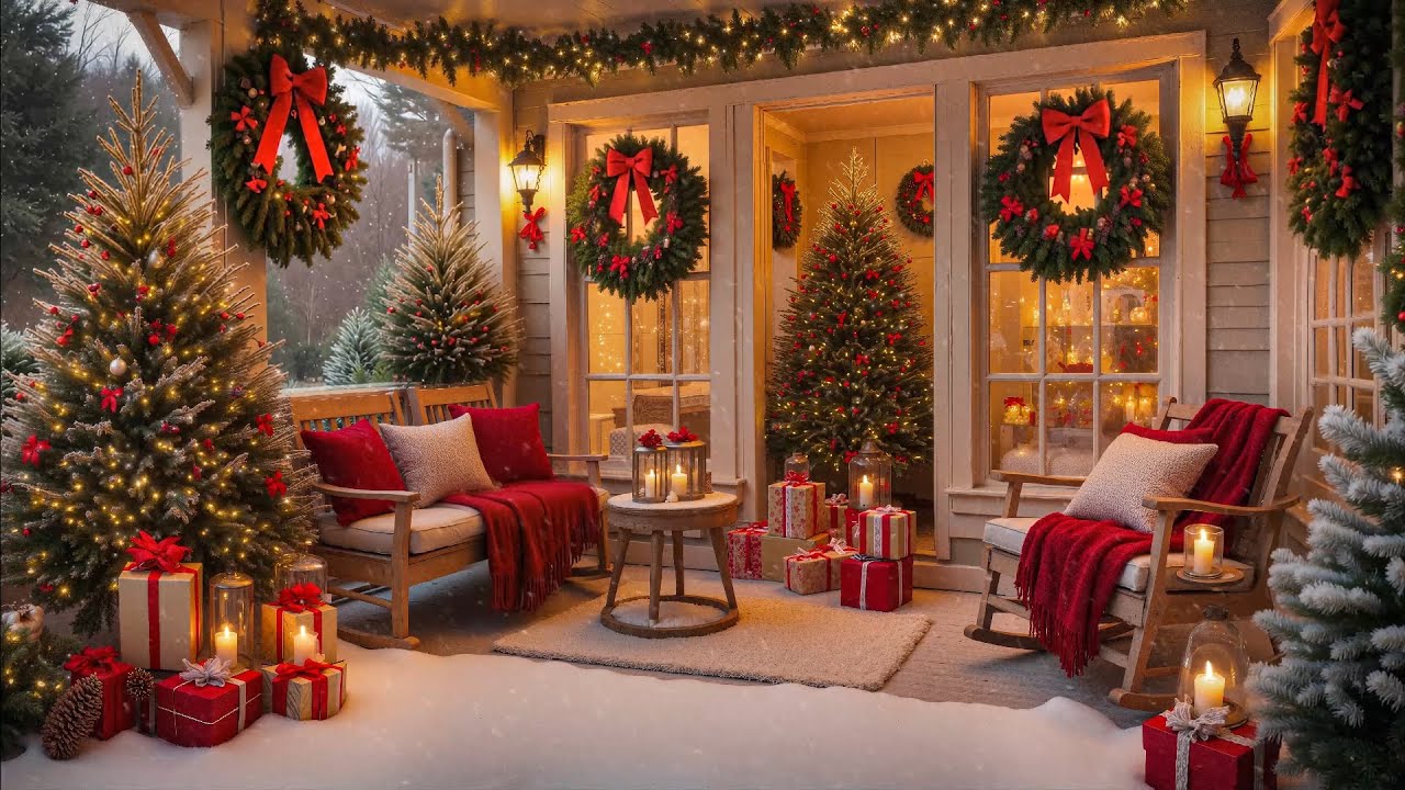 🎄🎅 Christmas Porch Vibes 2026 🎶 Smooth Jazz & Snow Falling Ambience for Peaceful Holiday Moments ❄
