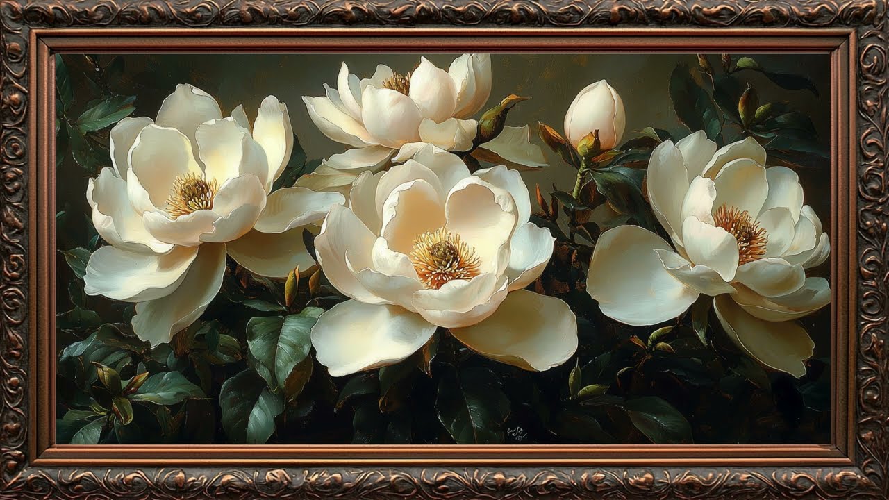 Blooming Spring White Flowers 🌼 Oil painting FRAME TV ART | Frame TV ART | Golden Framed Art |
