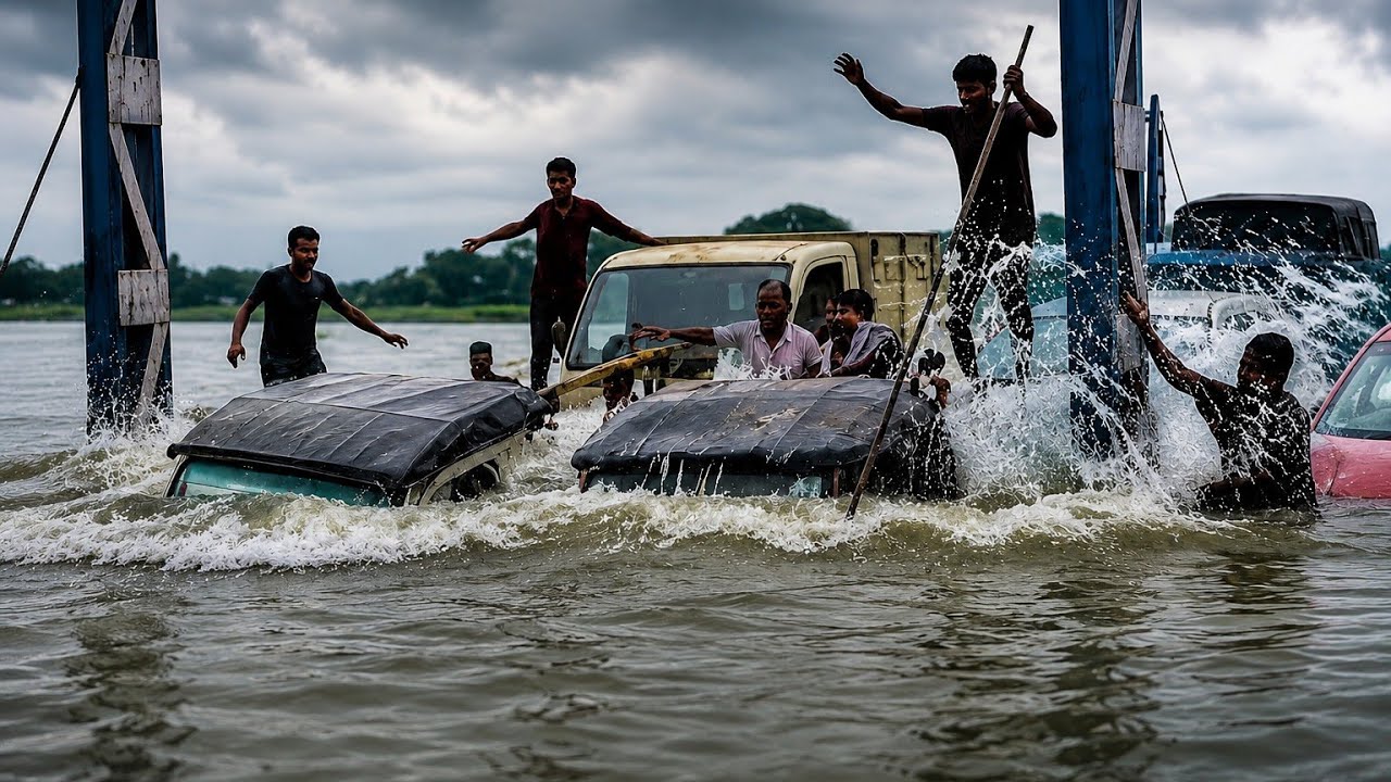 Terrifying Ferry Accident! Vehicles Swept Away by Floodwater#FerryAccident #Flood #FloodAccident