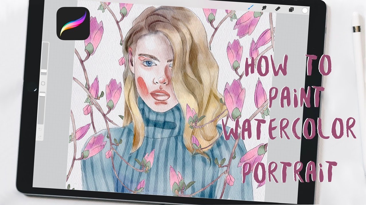 How to paint watercolor portrait in Procreate - digital illustration tutorial for beginners on IPad