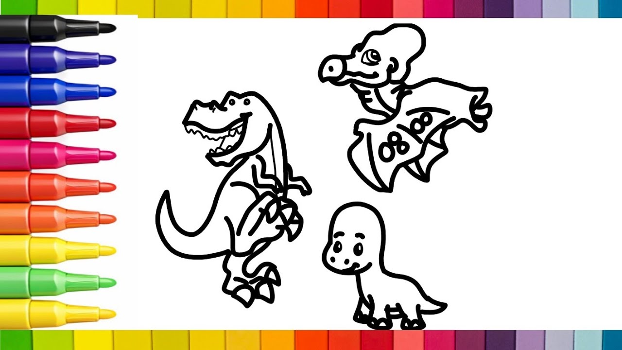 Draw and Colour 4 Dinosaurs 🦖🦕🌋 T-REX and More Drawing For Kids | Step by Step Art Tutorial