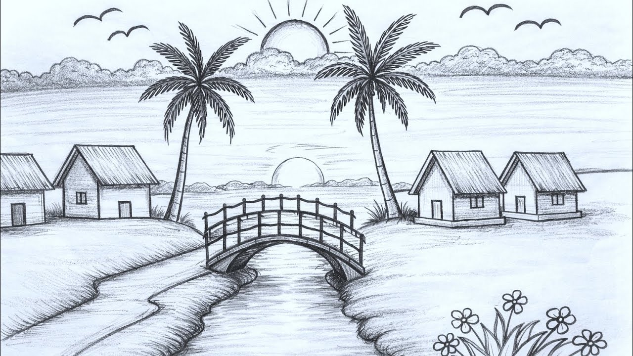 Easy Village Bridge Scenery Drawing with Pencil | Beautiful Landscape Art for Beginners