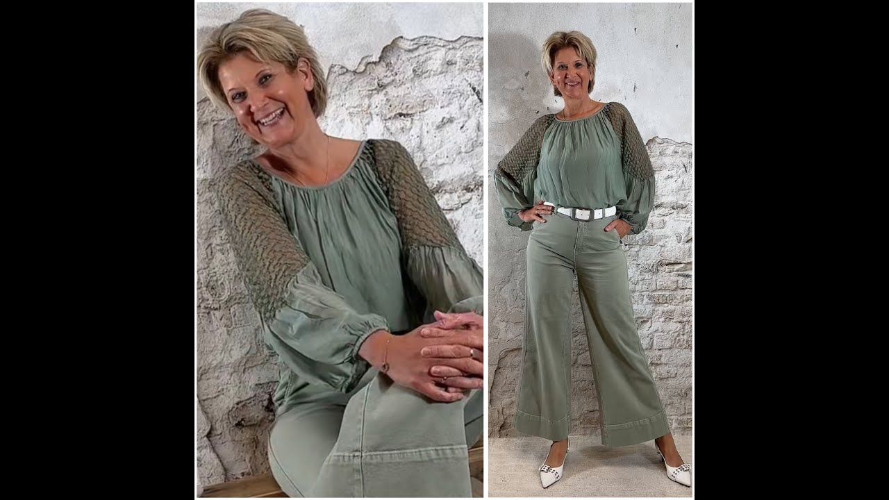Wide leg color jeans lindegroen, beige en off white & Ailan zijden blouse met kant en voering khaki