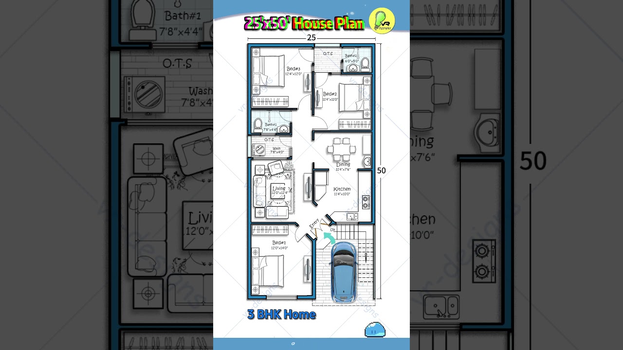 25'x50' House Plan with Car Parking, East Facing 3BHK, 25*50 House Design, #instyle #indianstyle