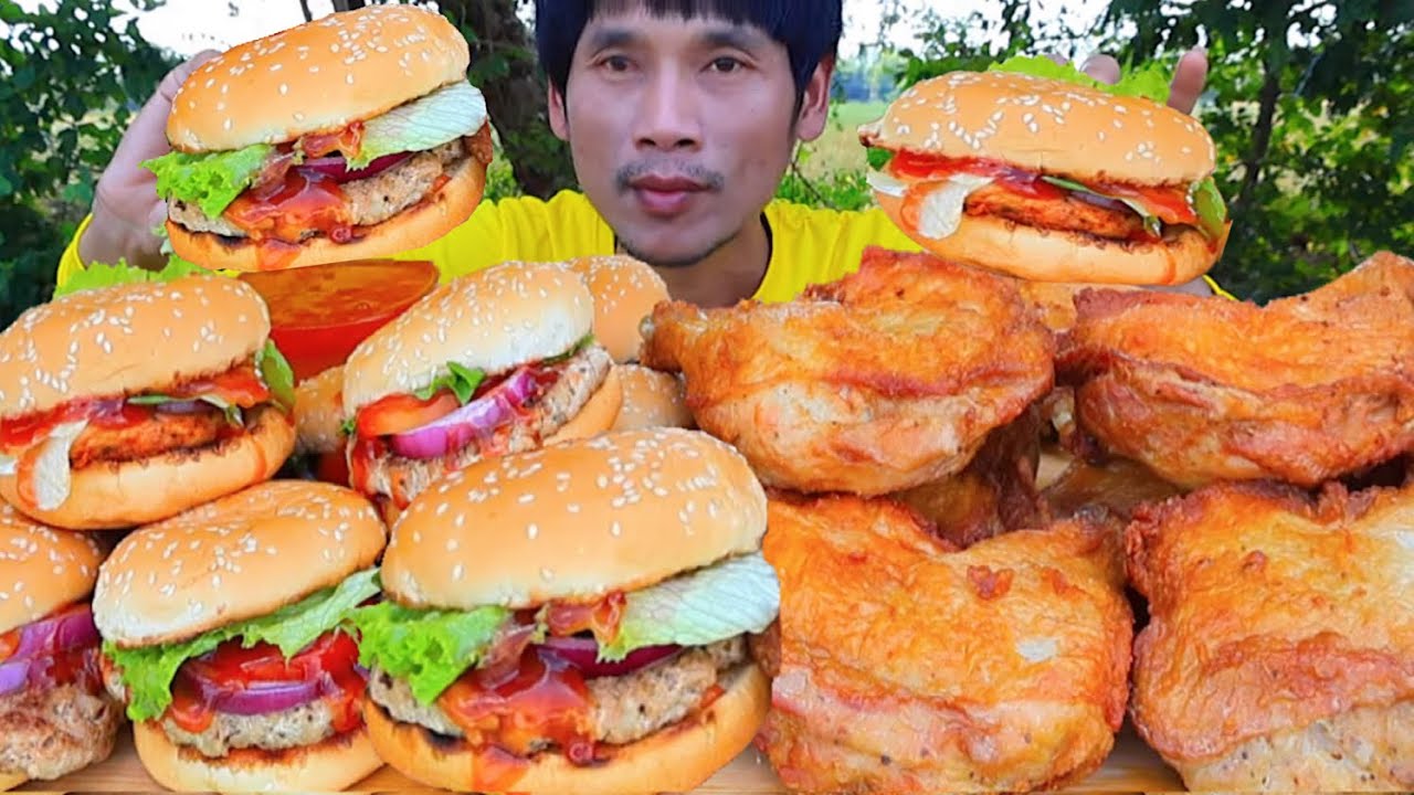 เบอร์เกอร์ไก่ทอดแกล้มผักสดแซ่บคักอีหลีครับพี่น้องMUKBANG EATING SHOW/โก้อีสานพาแดก