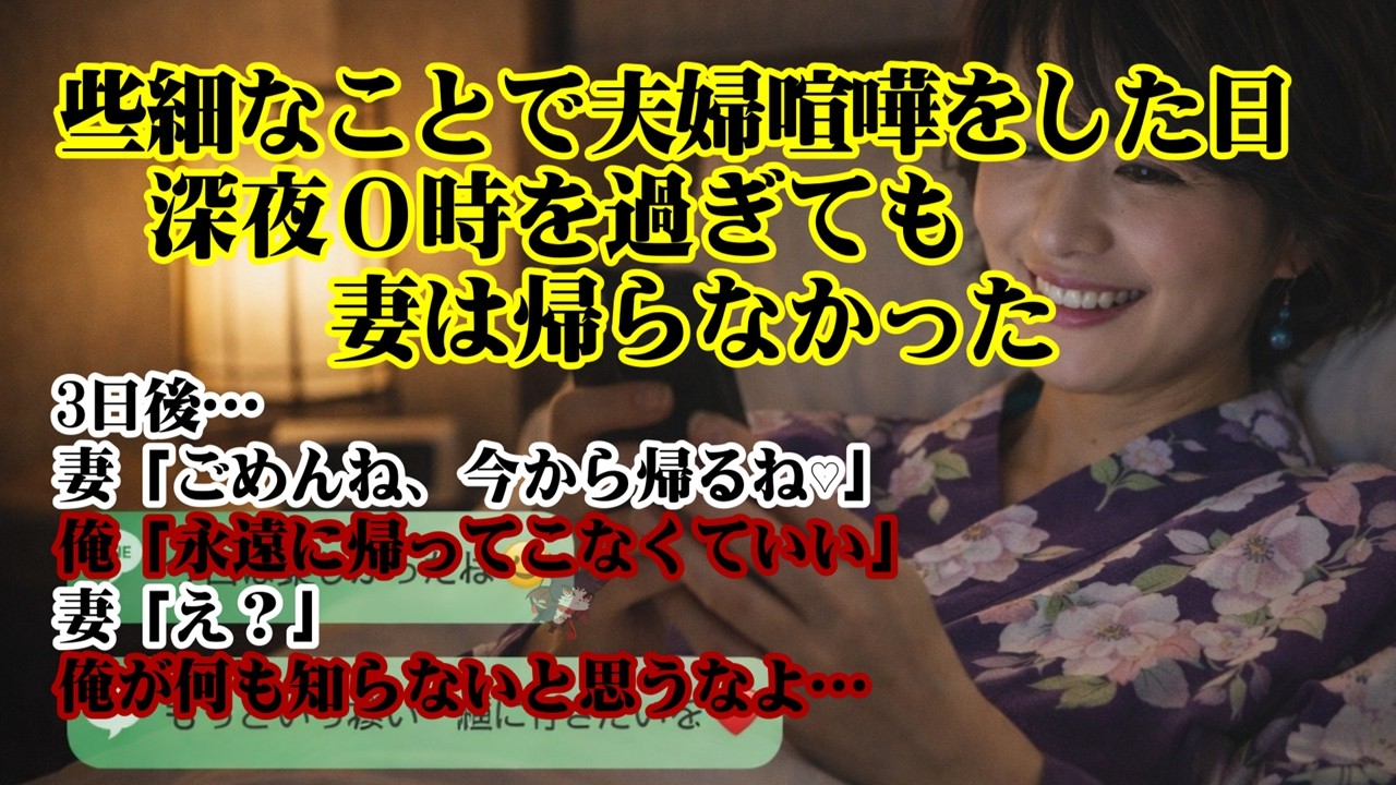 【離婚】些細なことで夫婦喧嘩をした日深夜０時を過ぎても妻は帰らなかった→3日後…妻「ごめんね、今から帰るね♡」俺「永遠に帰ってこなくていい」妻「え？」→俺が何も知らないと思うなよ…(笑)【シタ妻】