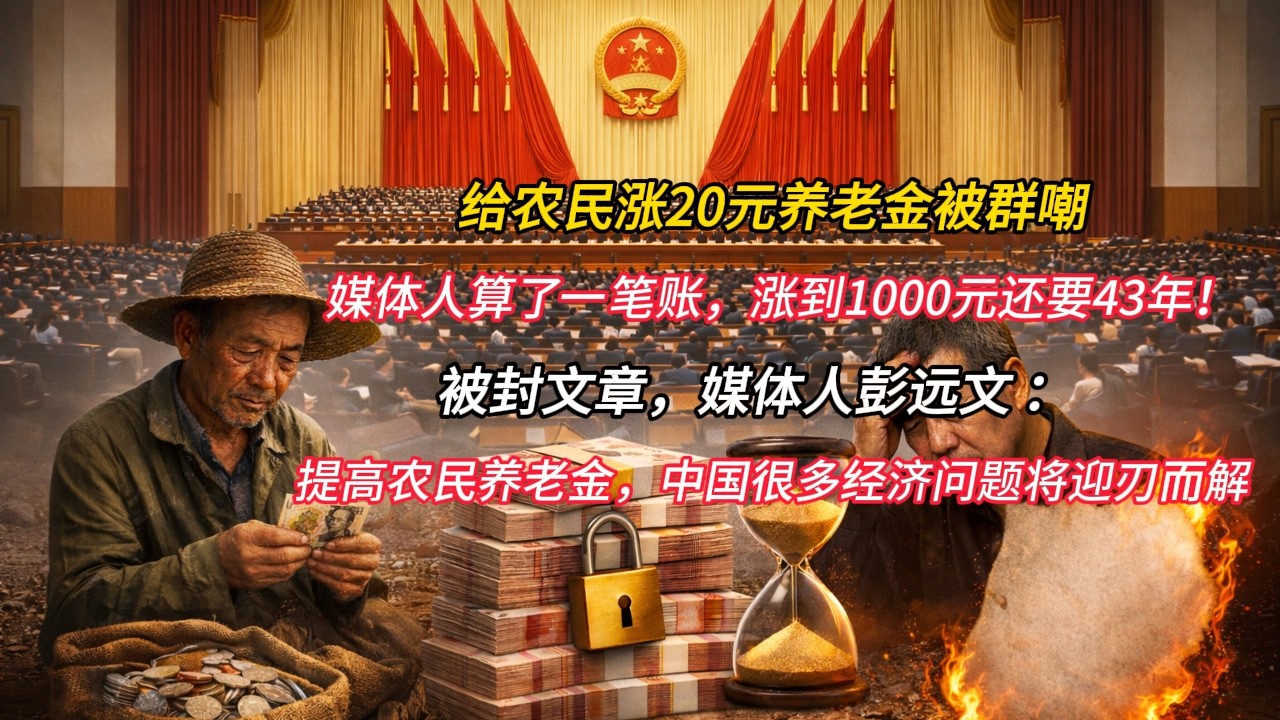 给农民涨20元养老金被群嘲，媒体人算了一笔账，涨到1000元还要43年！被封文章，媒体人彭远文 ：提高农民养老金，中国很多经济问题将迎刃而解