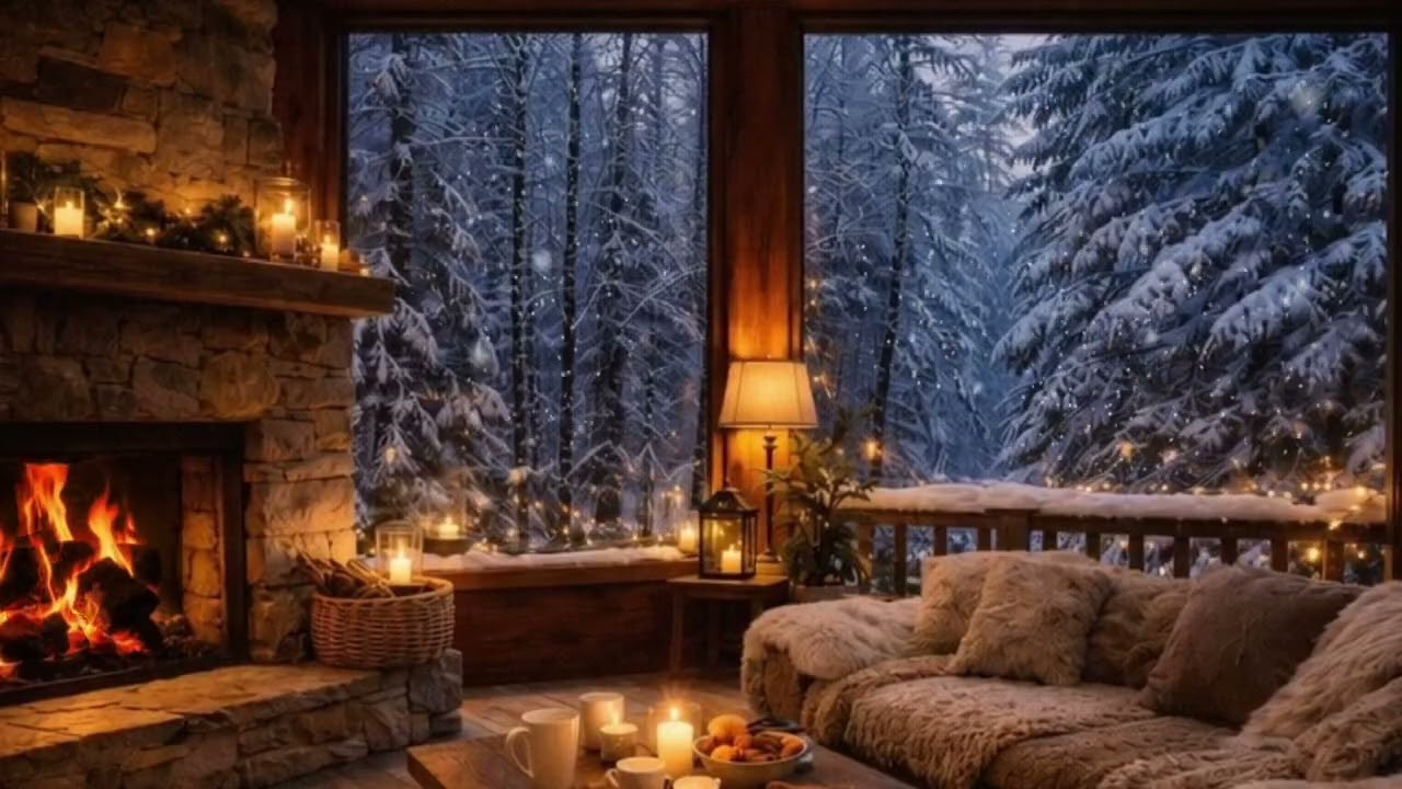 Winter Fireplace Ambience | Cozy Cabin at Night | Crackling Fire Sounds