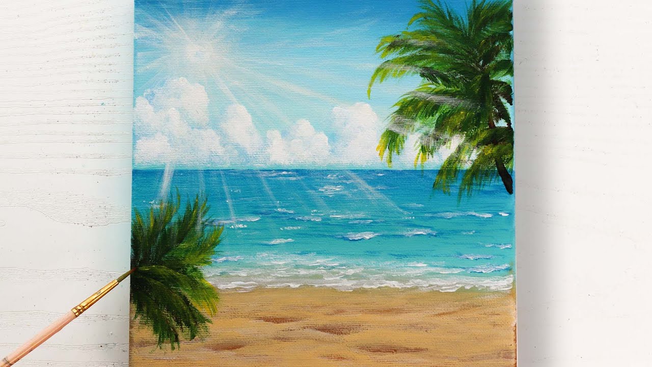 Summer Painting Idea! Relaxing Tropical Beach Paradise Painting with Acrylic for beginners