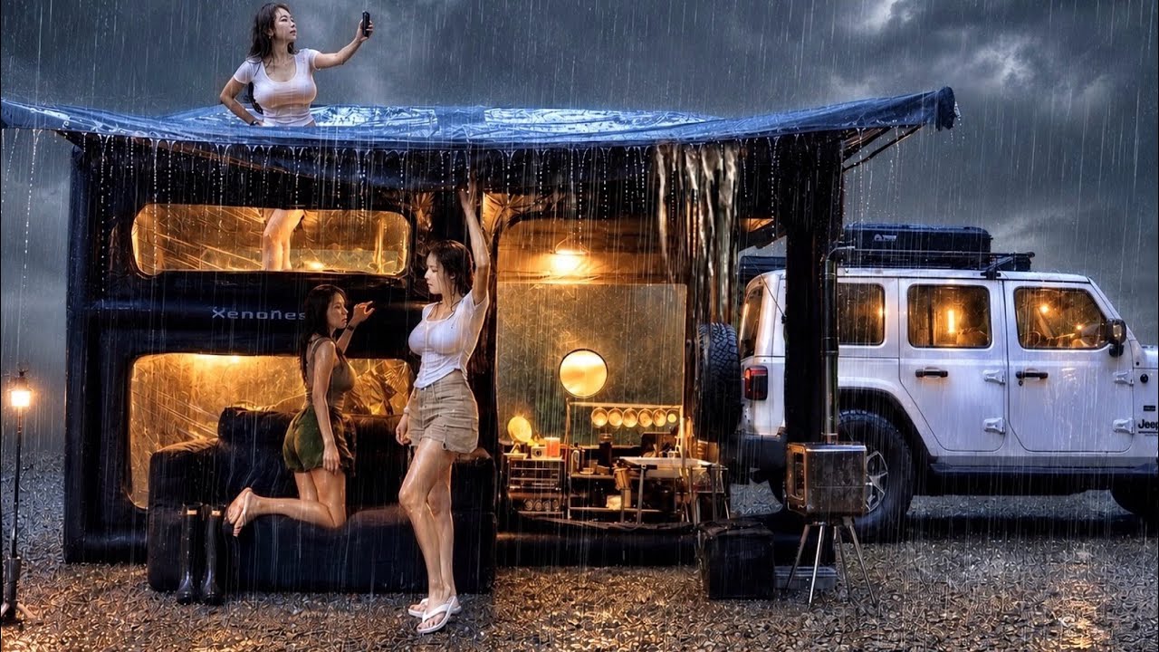 Camping in a Giant $3,600 2-Story Air Tent Amid Heavy Rain