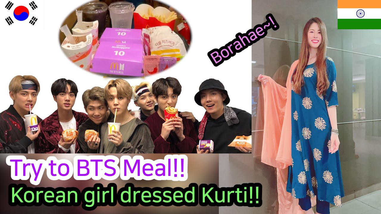 [Sub ENG] Korean girls wearing Kurta eat MCDONALD'S BTS MEAL💜🍟