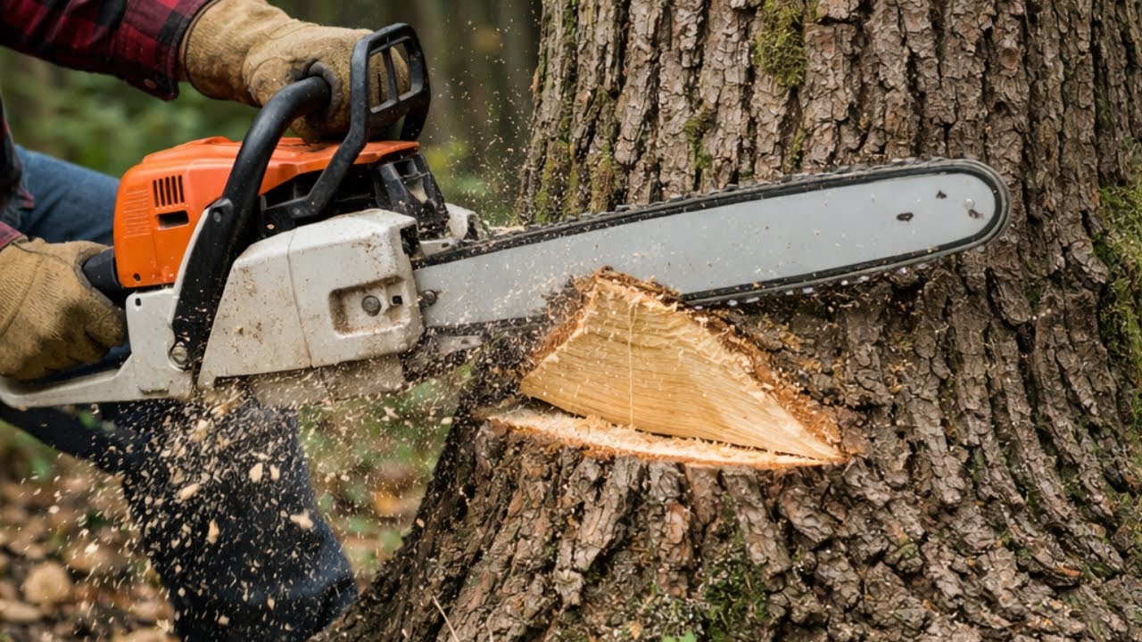 Cutting down trees with a saw