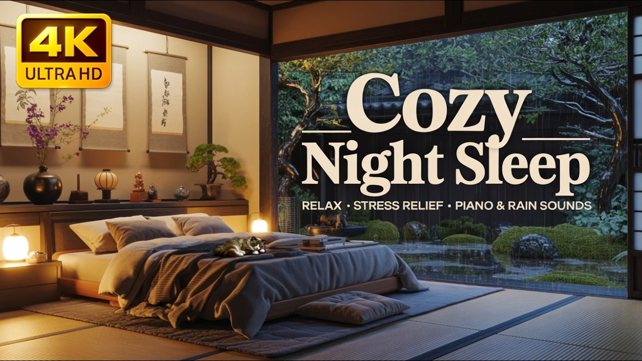 3.5 Hours Relaxing Sleep Piano Music with Rain Sounds — Stress Relief & Cozy Night Ambience (4K)
