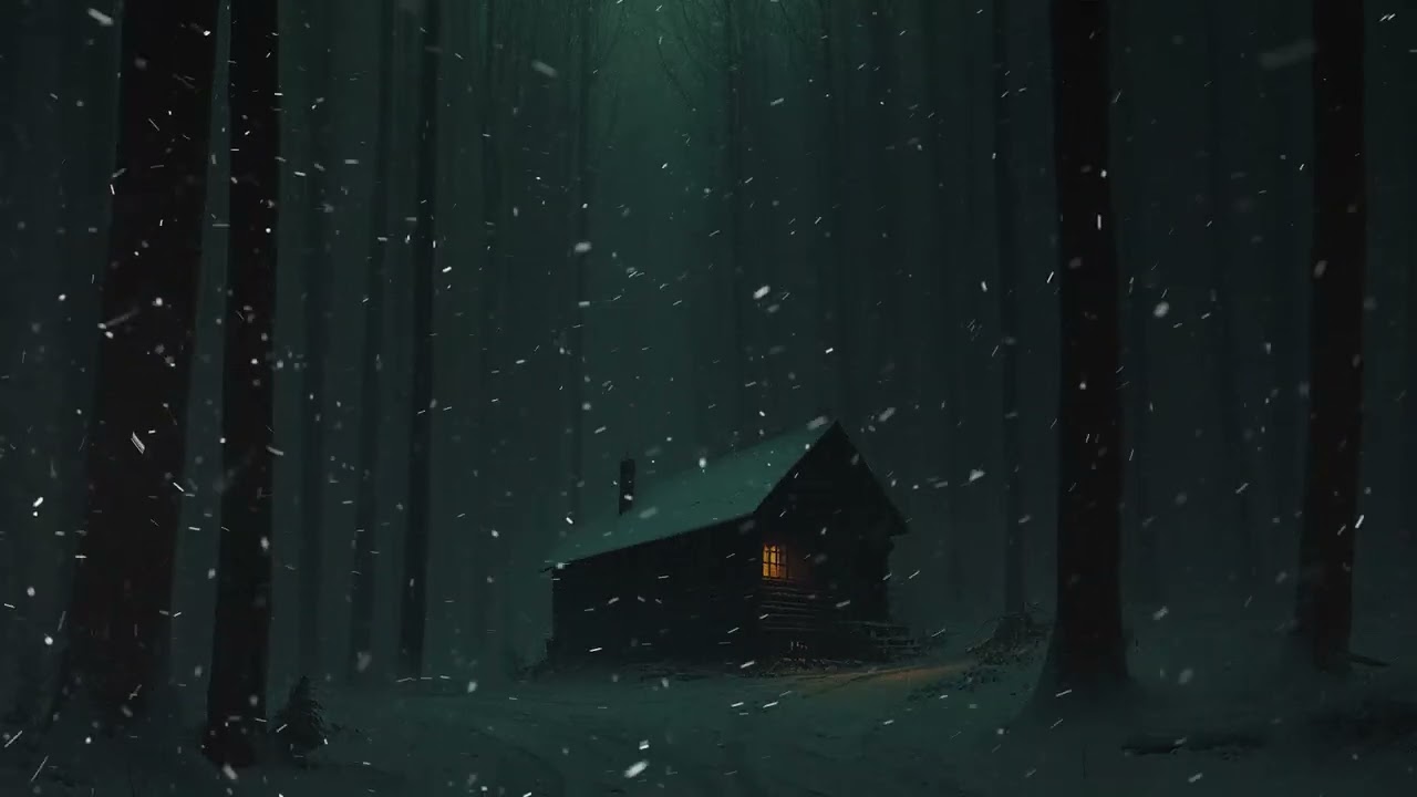 Ominous Cabin in Snowy Dark Forest 🌲 Eerie Winter Night Ambience with Howling Wind for Sleep & Study