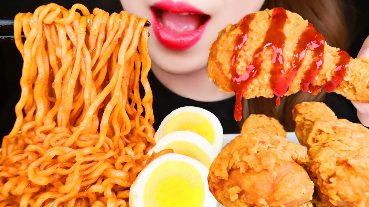 ASMR FIRED CHICKEN, FIRE NOODLES 치킨, 불닭볶음면 먹방 EATING SOUNDS MUKBANG NO TALKING