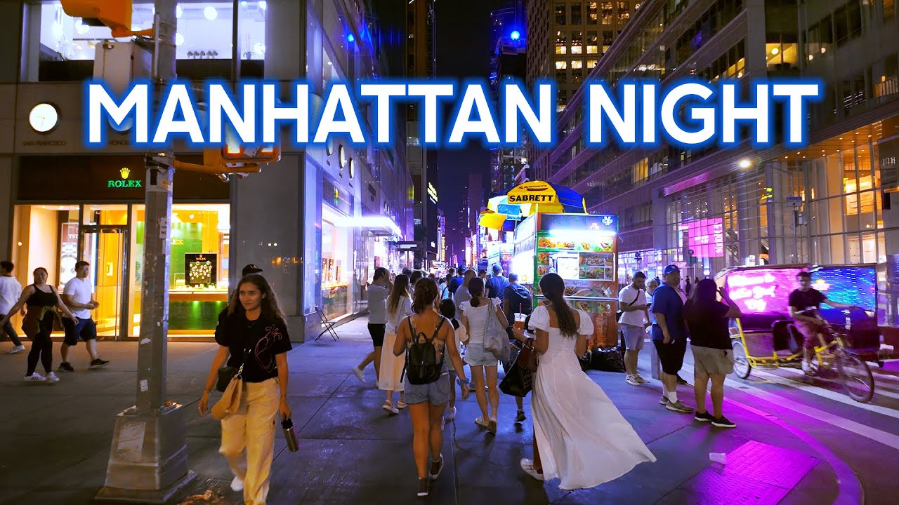 🗽 NEW YORK Summer Night Walk in Midtown MANHATTAN [4K] ASMR / Binaural Sounds