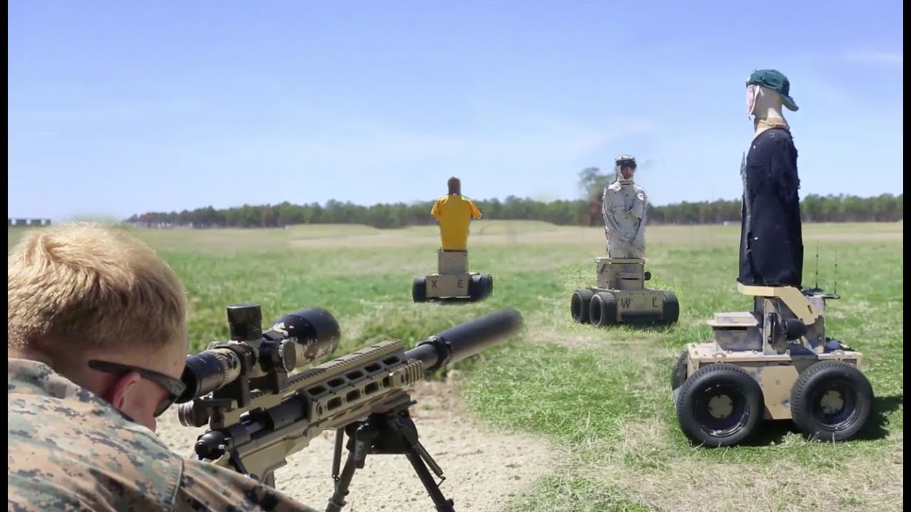USMC Recon Sniper & Infantry engage moving robotic targets