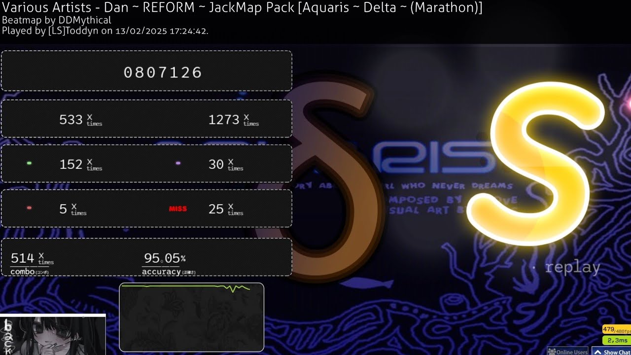 (02/13/2025) Aquaris 1.3x 95.05% S rank with Downscroll