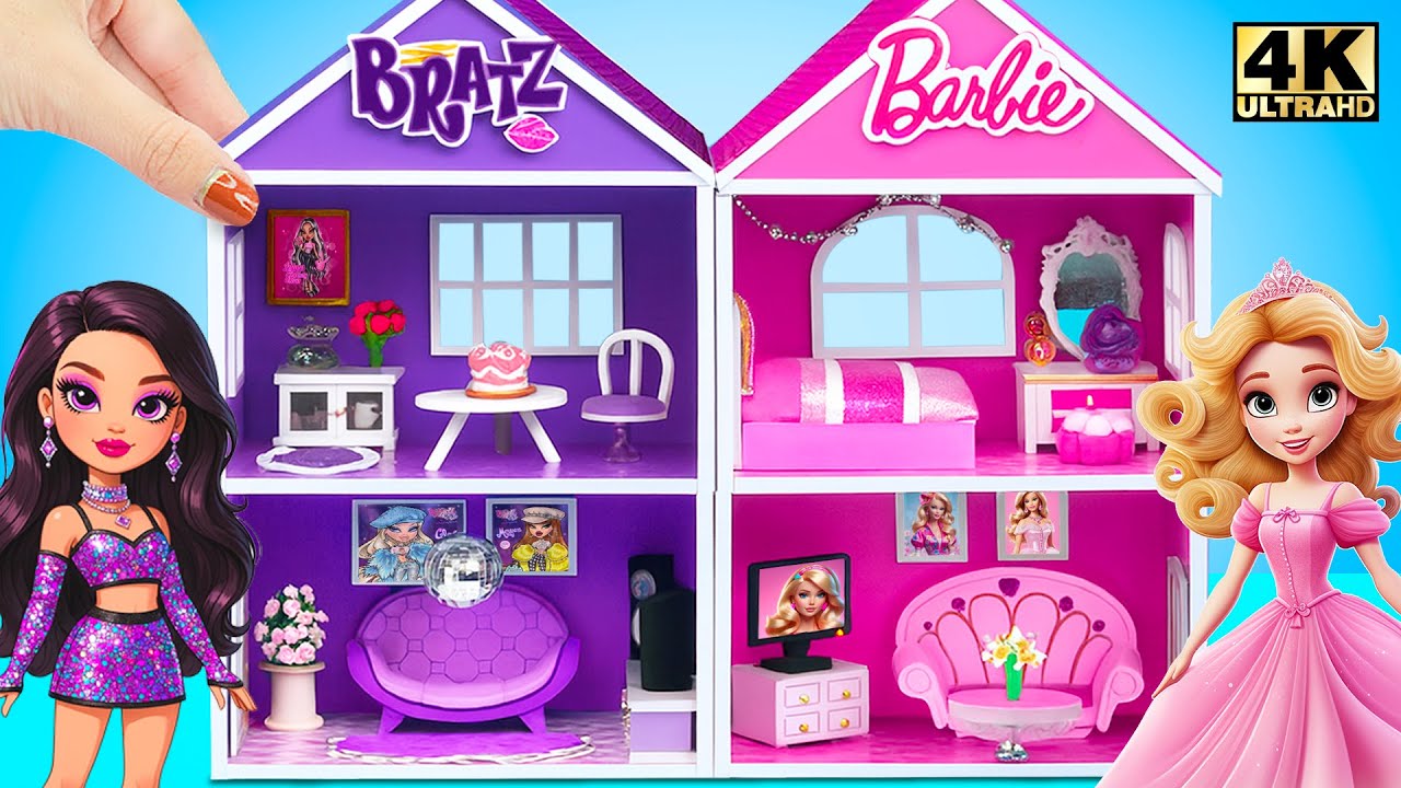 Build Amazing Pink Barbie Dreamhouse & Purple Bratz Dollhouse from Cardboard 💖 DIY Miniature House