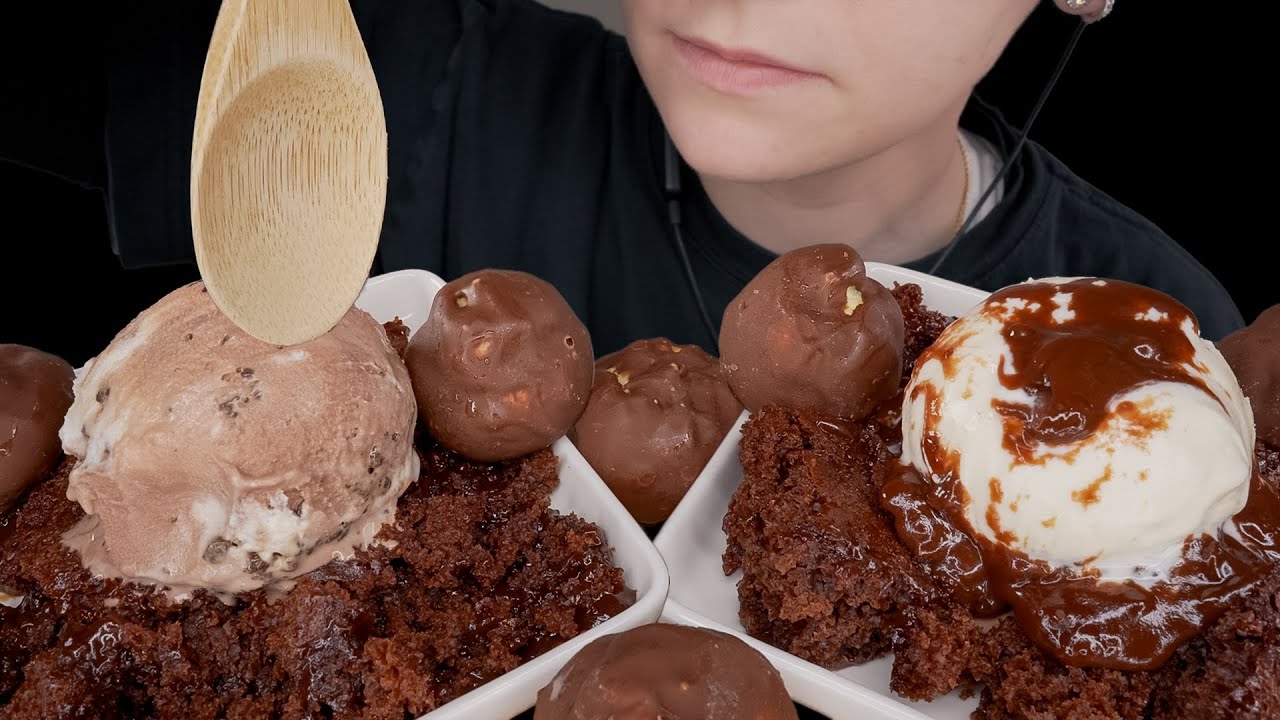 ASMR Hot Fudge Chocolate Pudding Cake with Ice Cream & Belgian Chocolate Cream Puffs