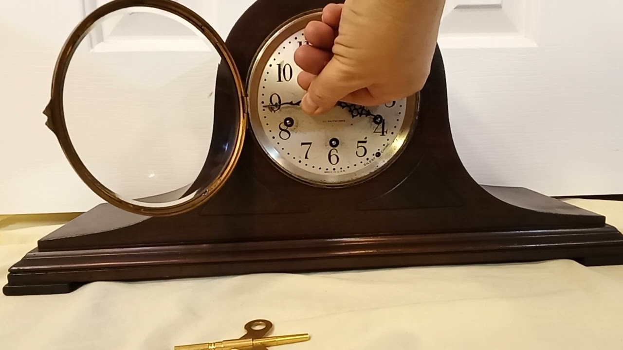 Fully restored Seth Thomas Westminster 124 chime dark walnut tambour mantel clock. Mayland NY chimes