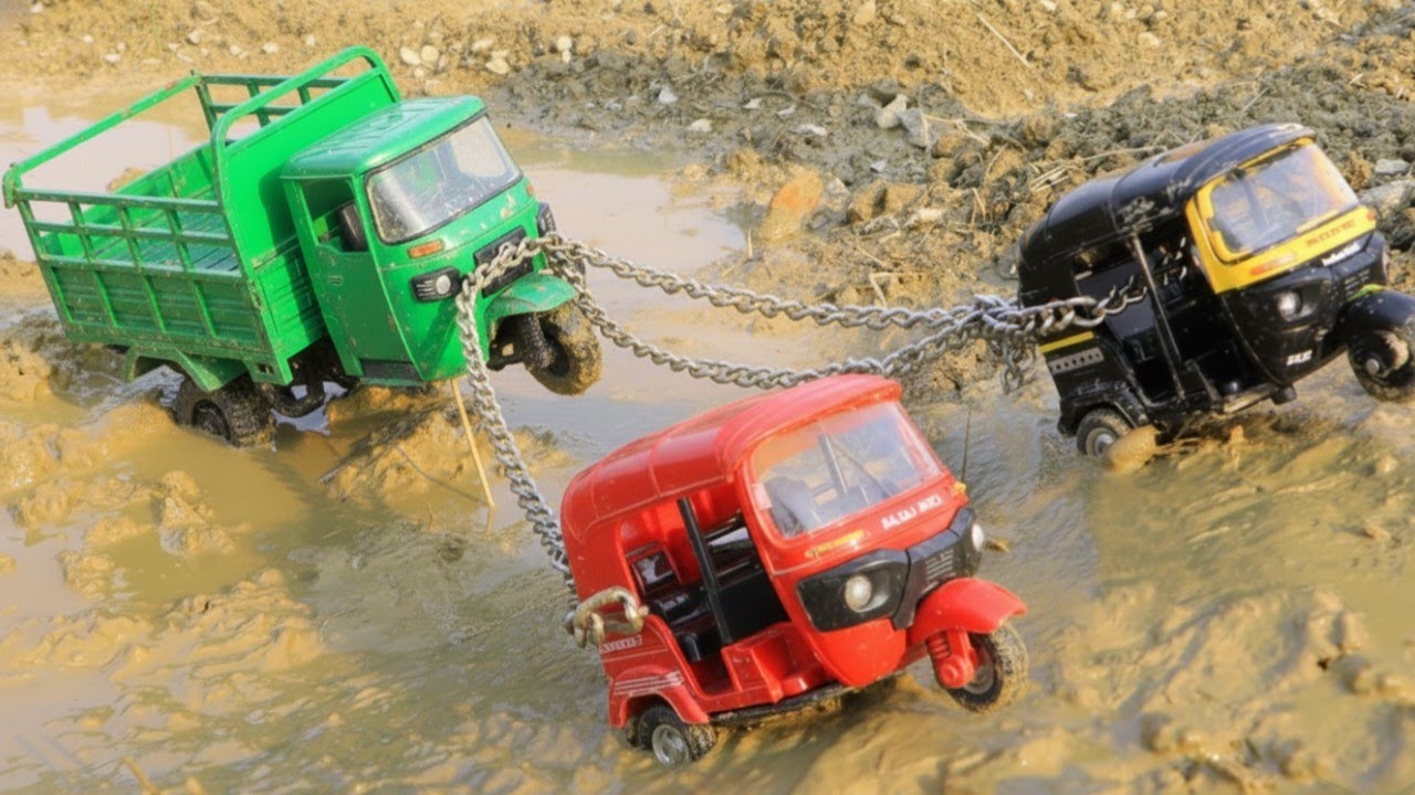 New Big Auto Rickshaw Riverside Accident Pulling Out Two Auto & ToTo | Jcb Tractor Cartoon Video