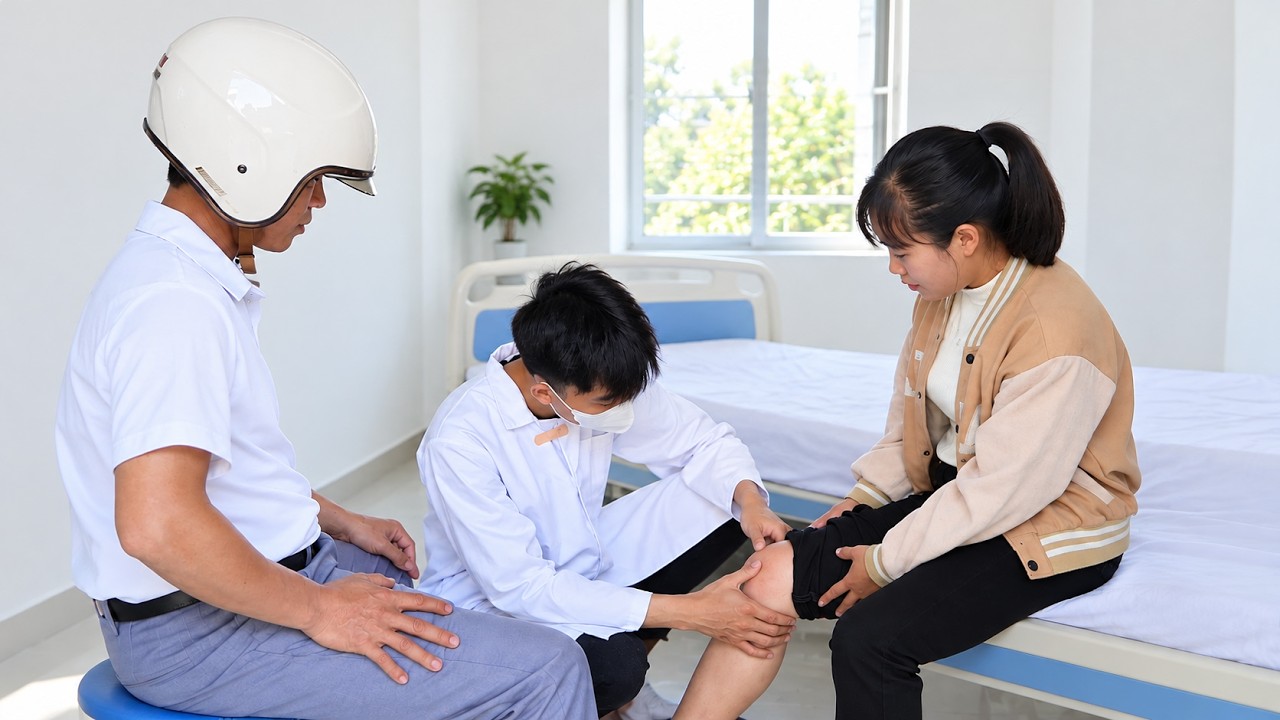 Huyen had an accident while working at a construction site&mdash;Dinh took her to the hospital.