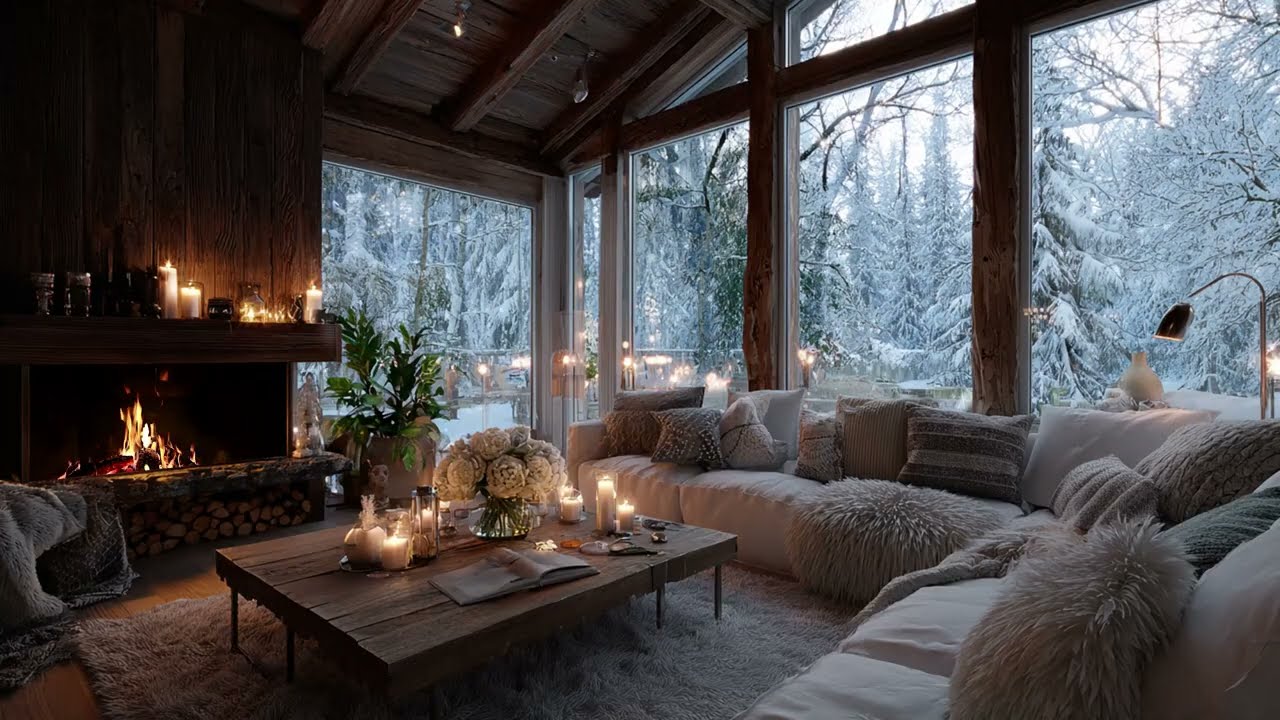Cozy Moments by the Fire: Relaxing Piano Music and Snowy Window Ambience for Relaxation