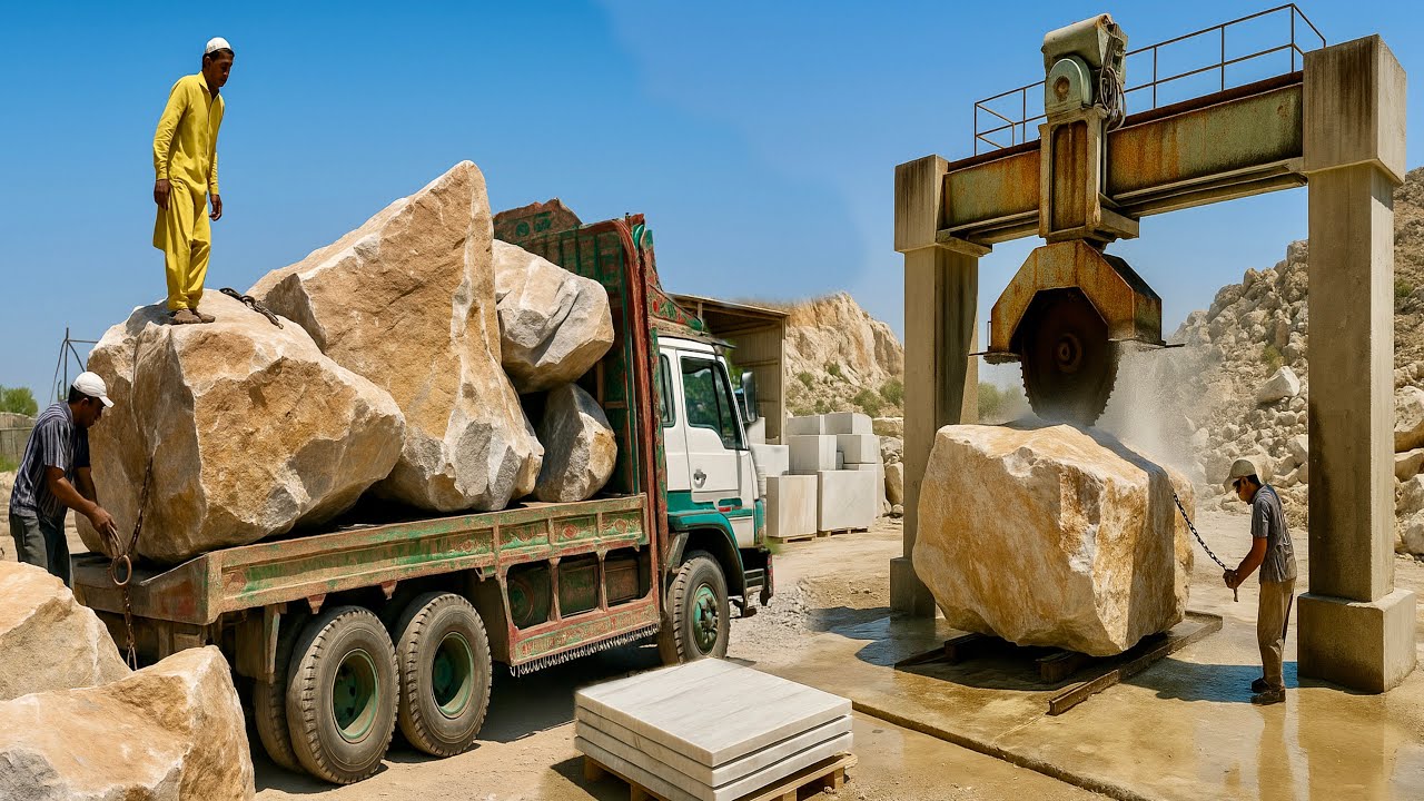 Real Marble Factory Work | Loading and Cutting Huge Marble Blocks | Quarry to Slab Process