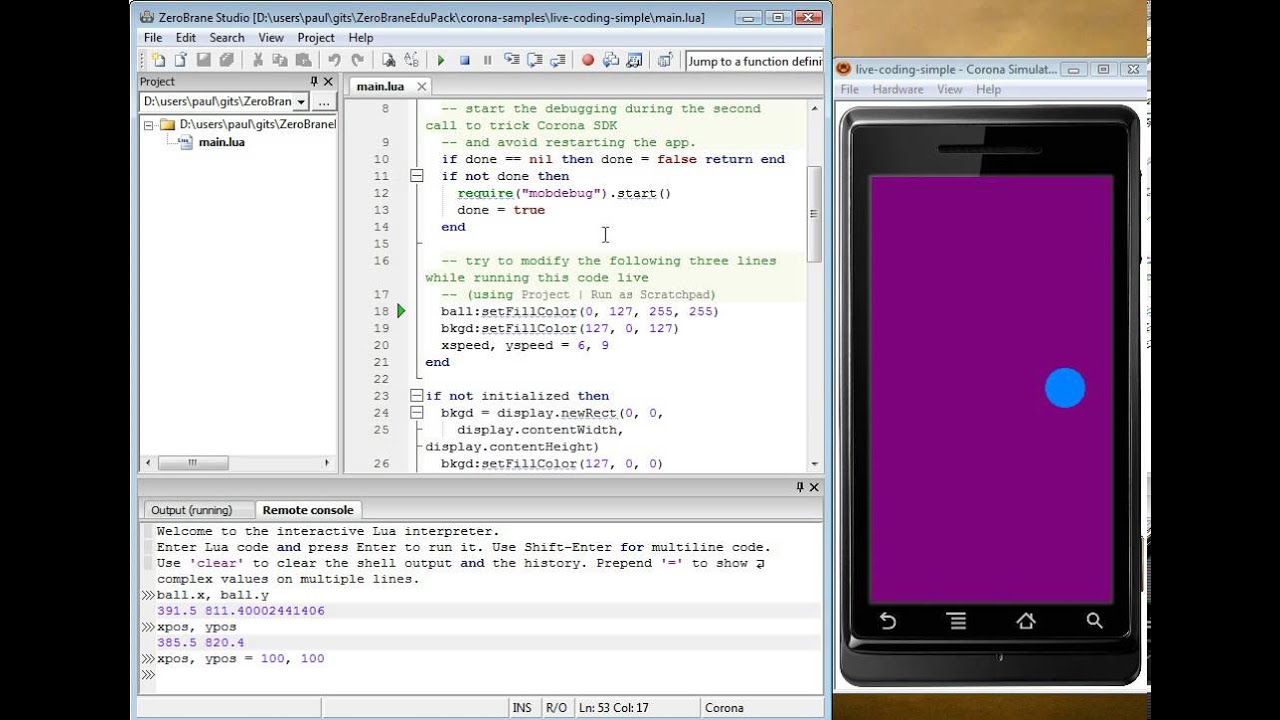 Corona debugging and live coding with ZeroBrane Studio