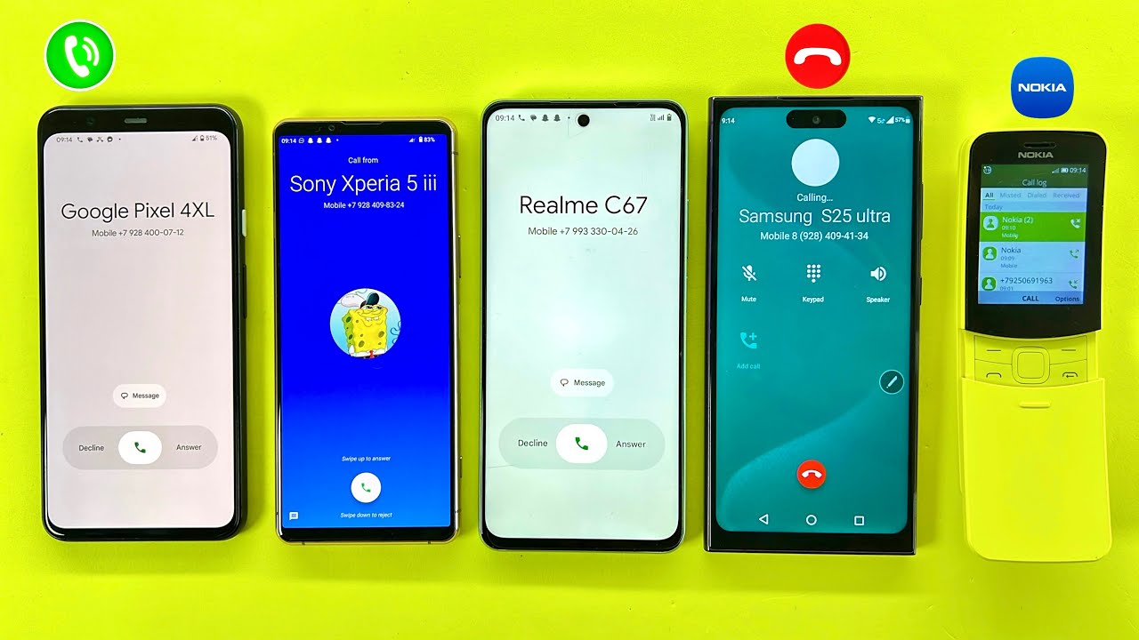 Incoming Call Google Pixel 4XL, Sony Xperia 5iii, Realme C67, Nokia8110 | Outgoing Call Samsung S25 