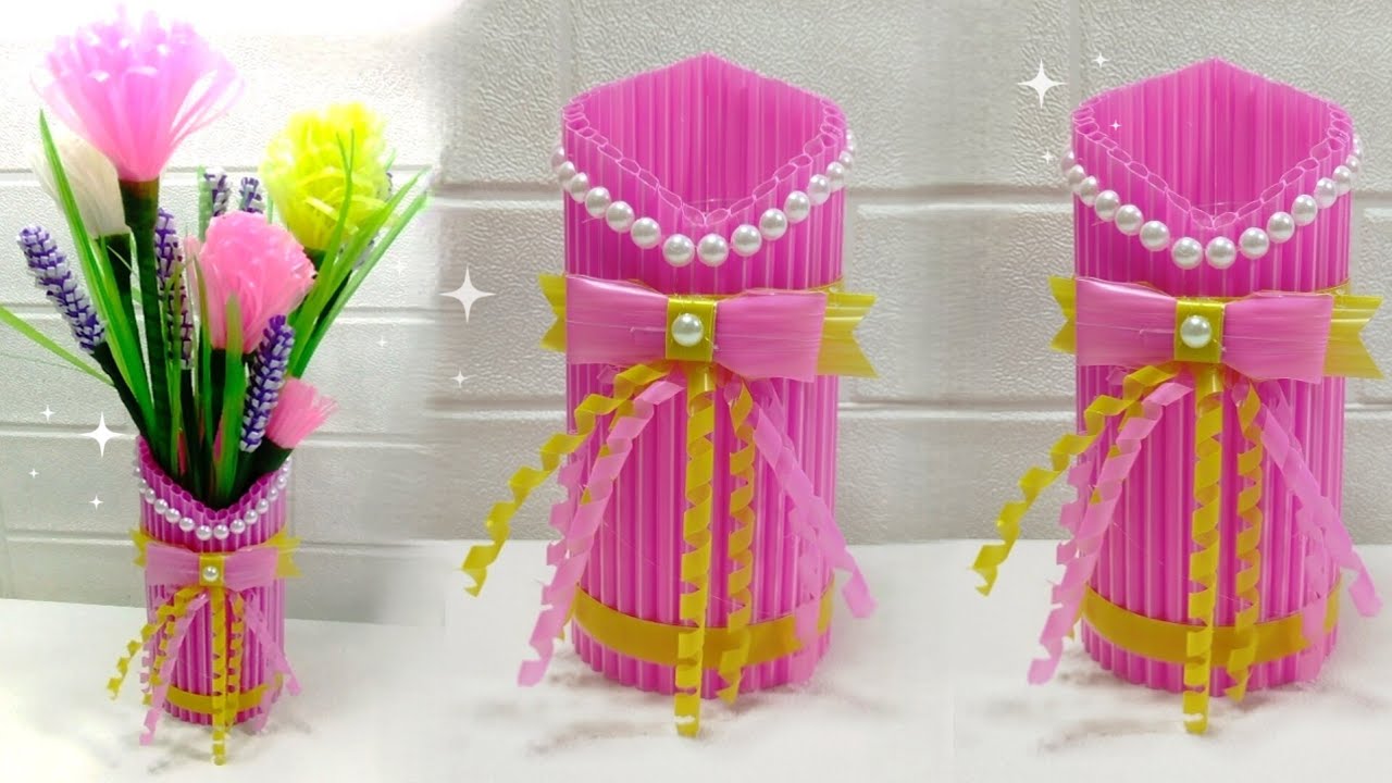 Vas Bunga Dari Botol Bekas Dan Sedotan | Kerajinan Dari Sedotan | Flower Vase Craft Ideas