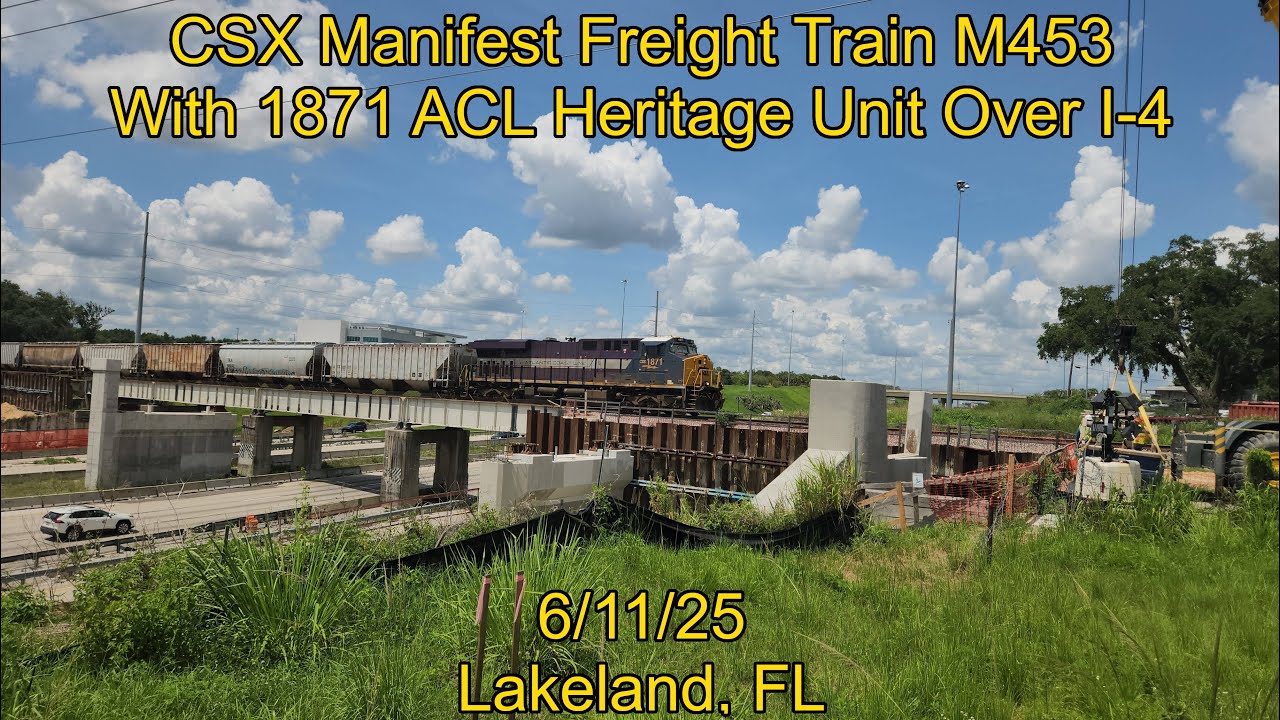 CSX Manifest Freight Train M453 With 1871 ACL Heritage Unit Crosses Over Interstate 4 - Lakeland, FL