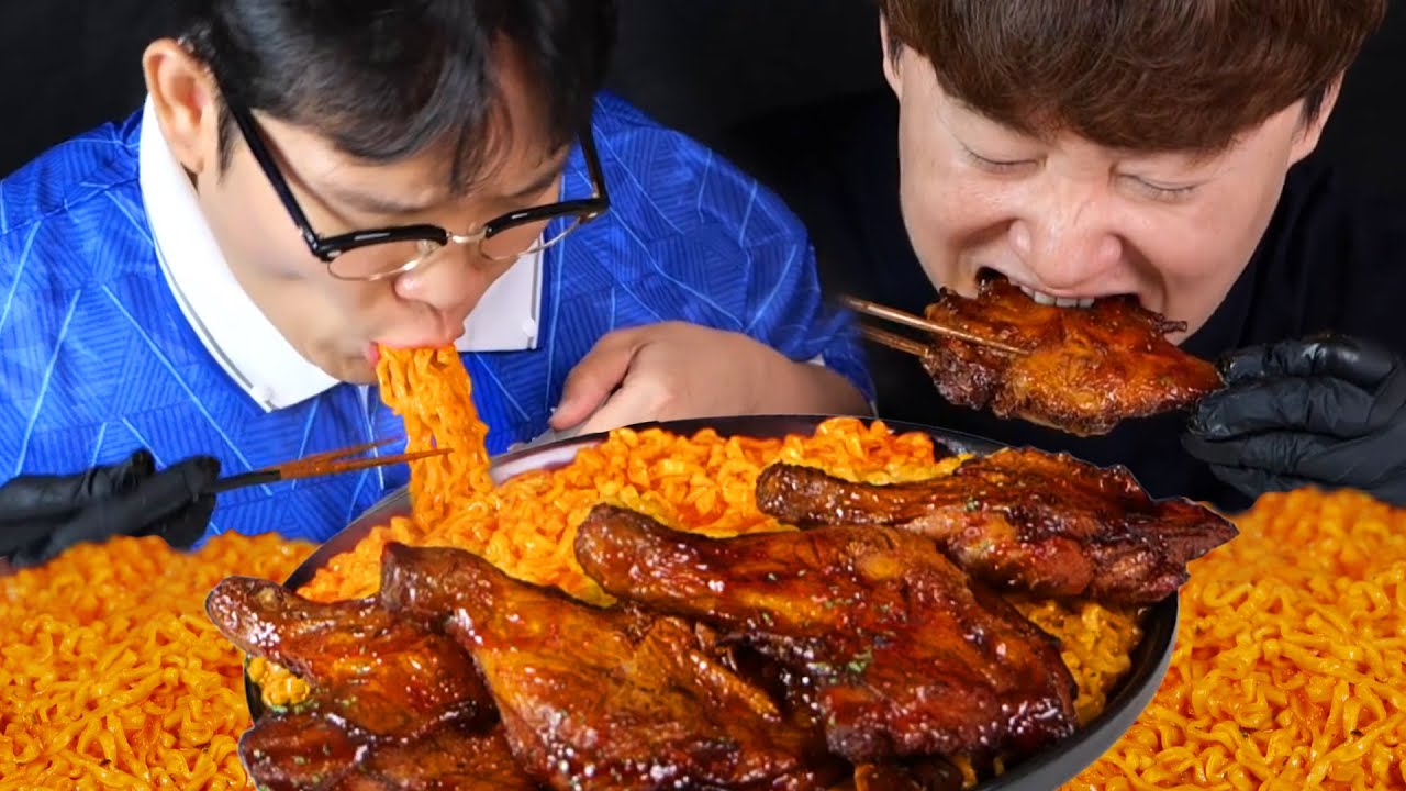까르보불닭 자메이카 통다리 위에 얹어서 꿀조합 먹방🍗 🔥 ASMR Carbo Fire Noodles & BBQ Grilled Chicken Mukbang