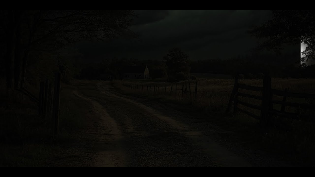 Wide grassy field outside farm, a small barn amidst distant rumble of thunder during a stormy night