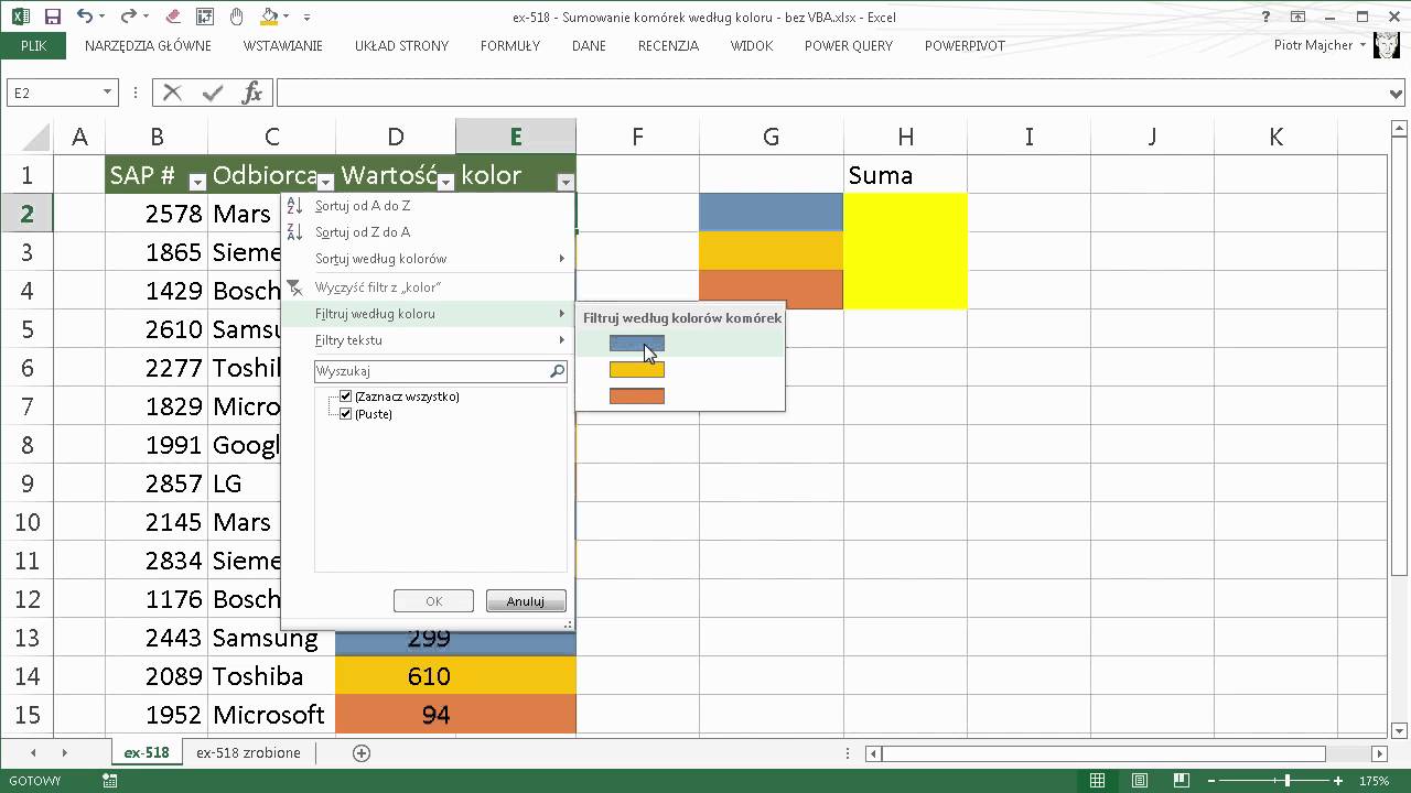 excel-518 - Sumowanie komórek według koloru - bez VBA