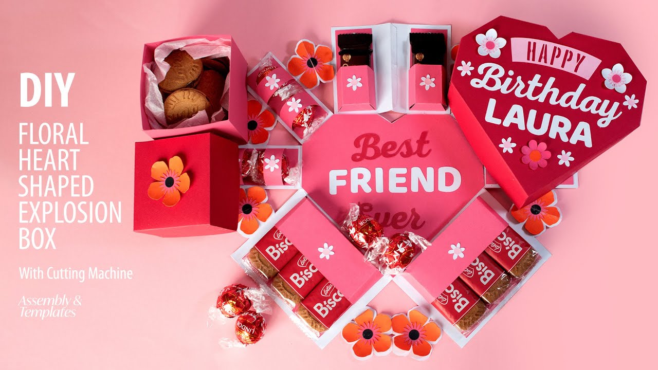 How to Make a Floral Heart Shaped Explosion Box with Cutting Machine | Assembly and Templates