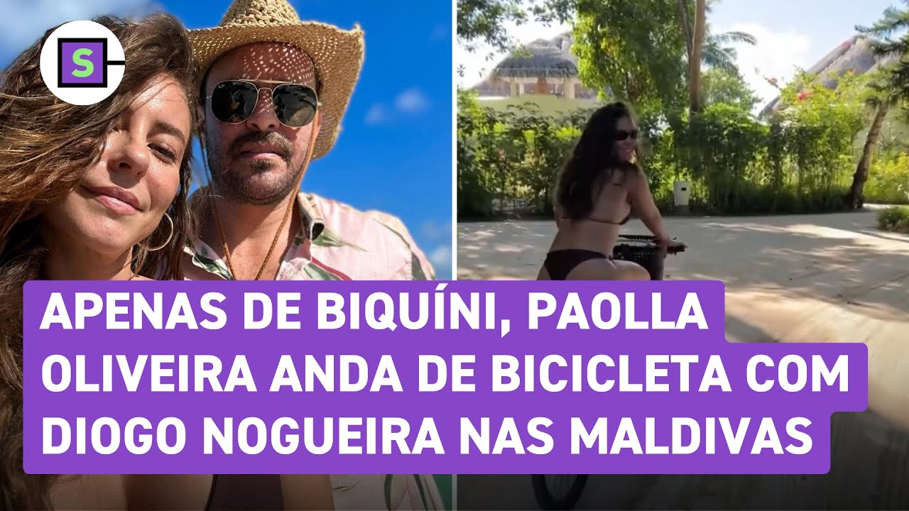 Paolla Oliveira anda de bicicleta com Diogo Nogueira apenas de biquíni nas Maldivas