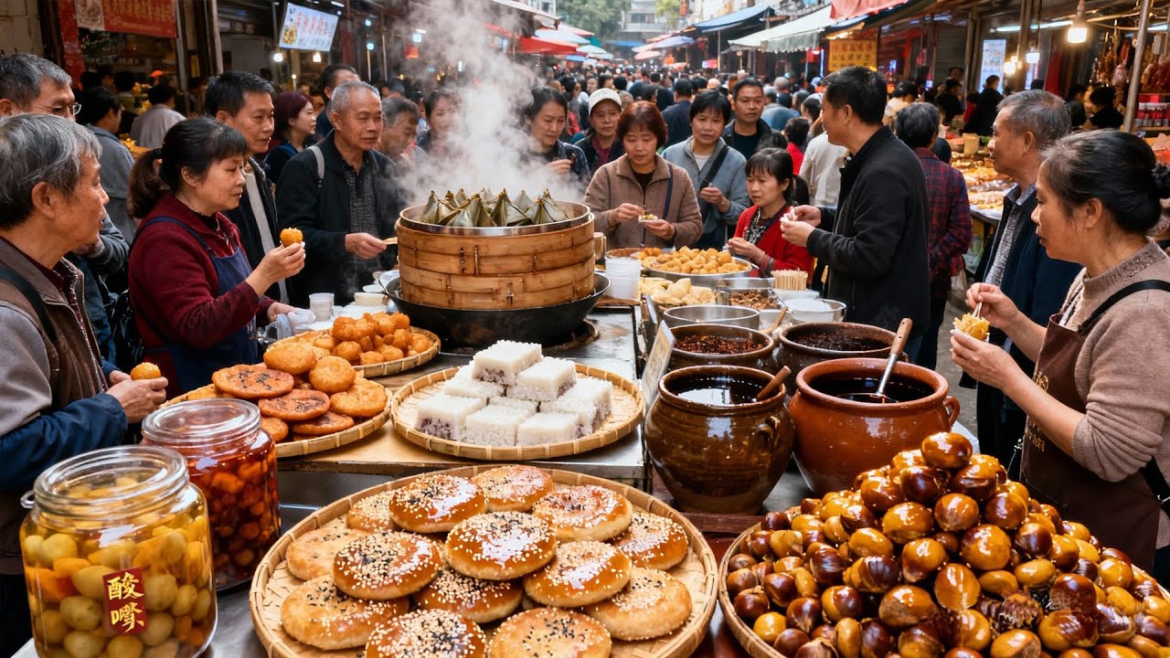 中国广西桂林热闹大集市，人气爆满的糖油粑粑，没有鸡肉的糯米鸡，桂林传统小吃沙谷米与松糕，广西特色美食“酸嘢”，不同做法的红薯饼，手工酿造的酱油，古老做法的喜饼，油亮金黄的糖炒板栗，各种特色街头美食！